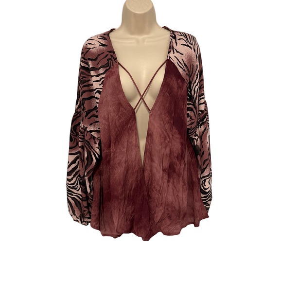 GiGiO USA Purple Animal Print Print Peasant‎ Blouse Large Pre-owned - Picture 1 of 9